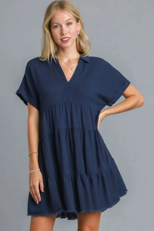 Umgee Full Size Raw Hem Folded Sleeve Tiered Dress Plus Size - Love Salve