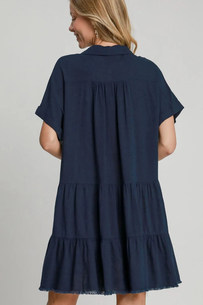 Umgee Full Size Raw Hem Folded Sleeve Tiered Dress Plus Size - Love Salve