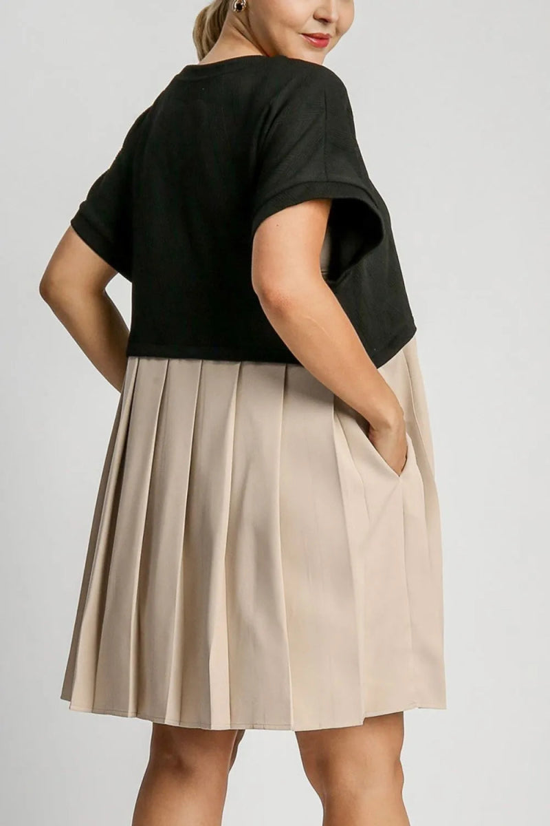 Umgee Full Size Round Neck Pleated Dress with Side Pockets Plus Size - Love Salve