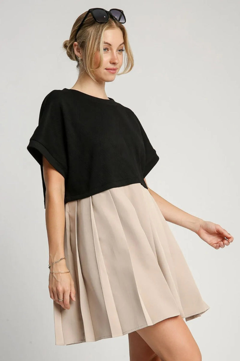 Umgee Full Size Round Neck Pleated Dress with Side Pockets Plus Size - Love Salve