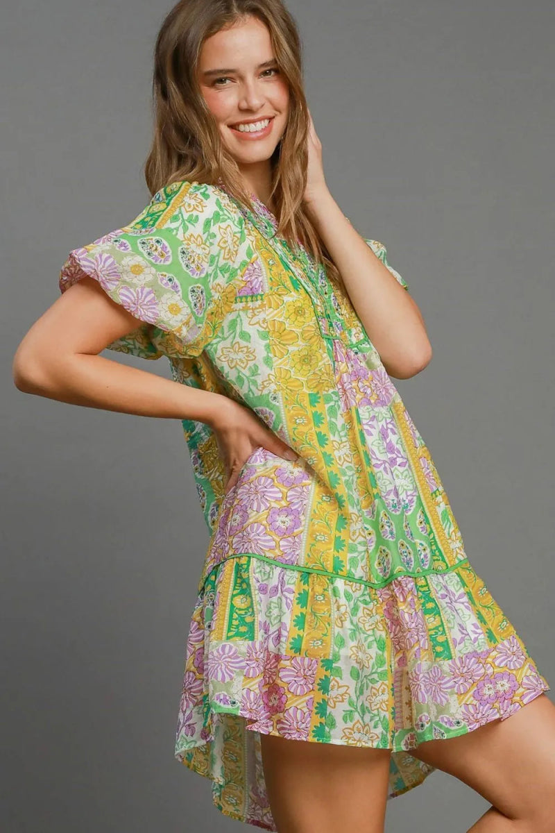 Umgee Full Size Smocked Floral Puff Sleeve Mini Dress Plus Size - Love Salve