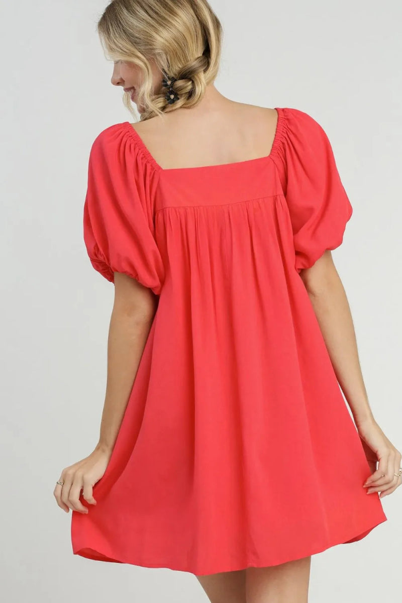 Umgee Full Size Squared Neck Puff Sleeve Mini Dress Plus Size - Love Salve