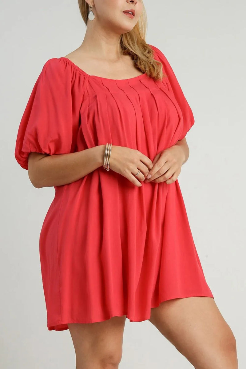 Umgee Full Size Squared Neck Puff Sleeve Mini Dress Plus Size - Love Salve