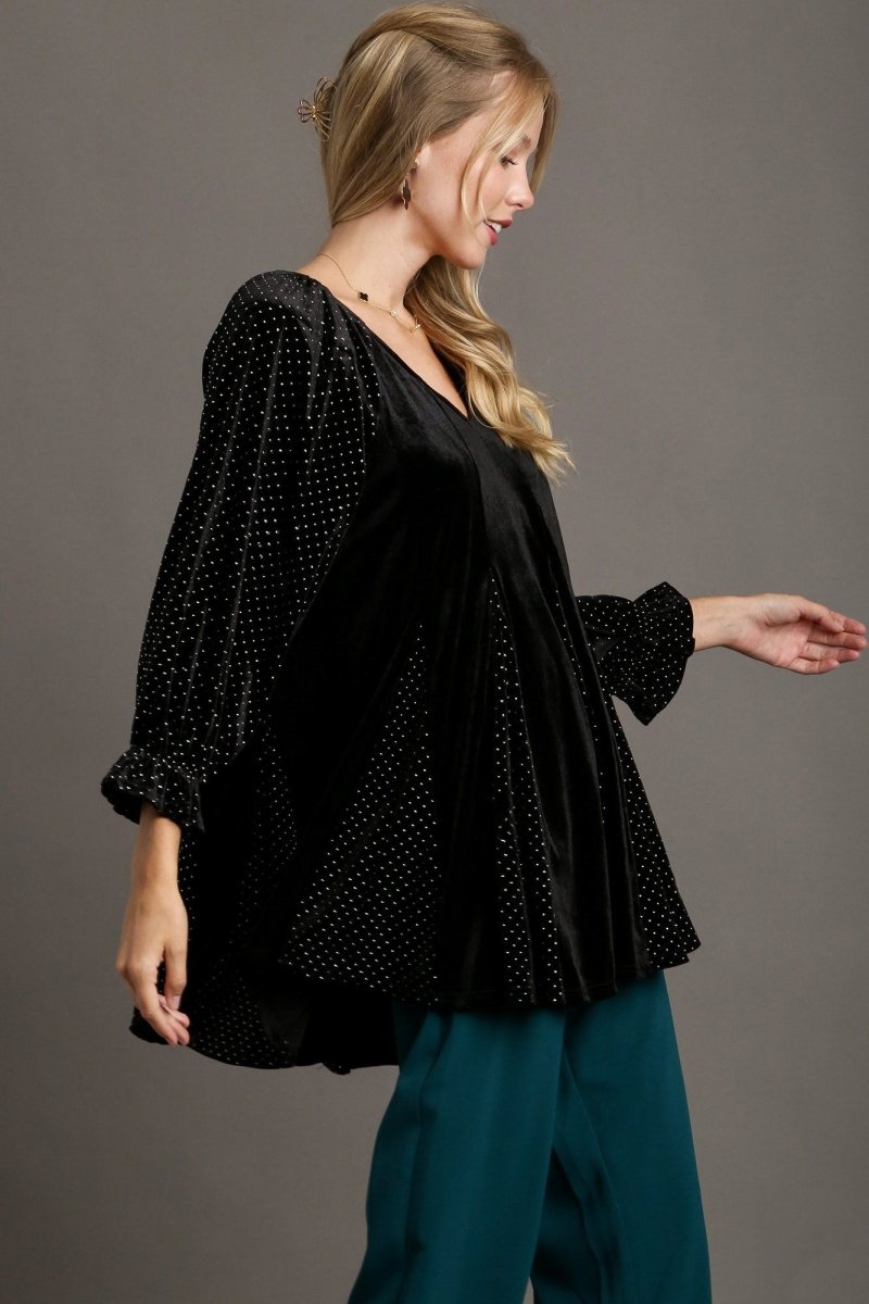 Umgee Godet Hem Polka Dot V-Neck Blouse for Women - Love Salve