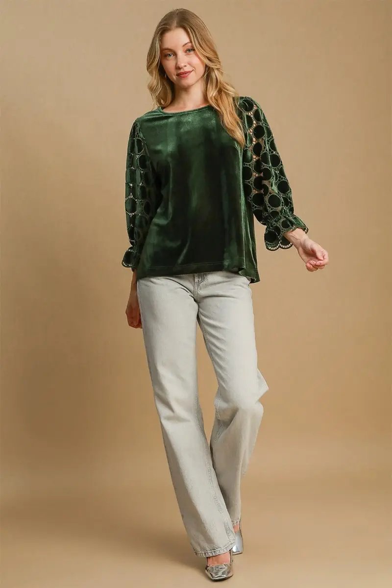 Umgee Polka Dot Lace Long Sleeve Round Neck Blouse for Women - Love Salve