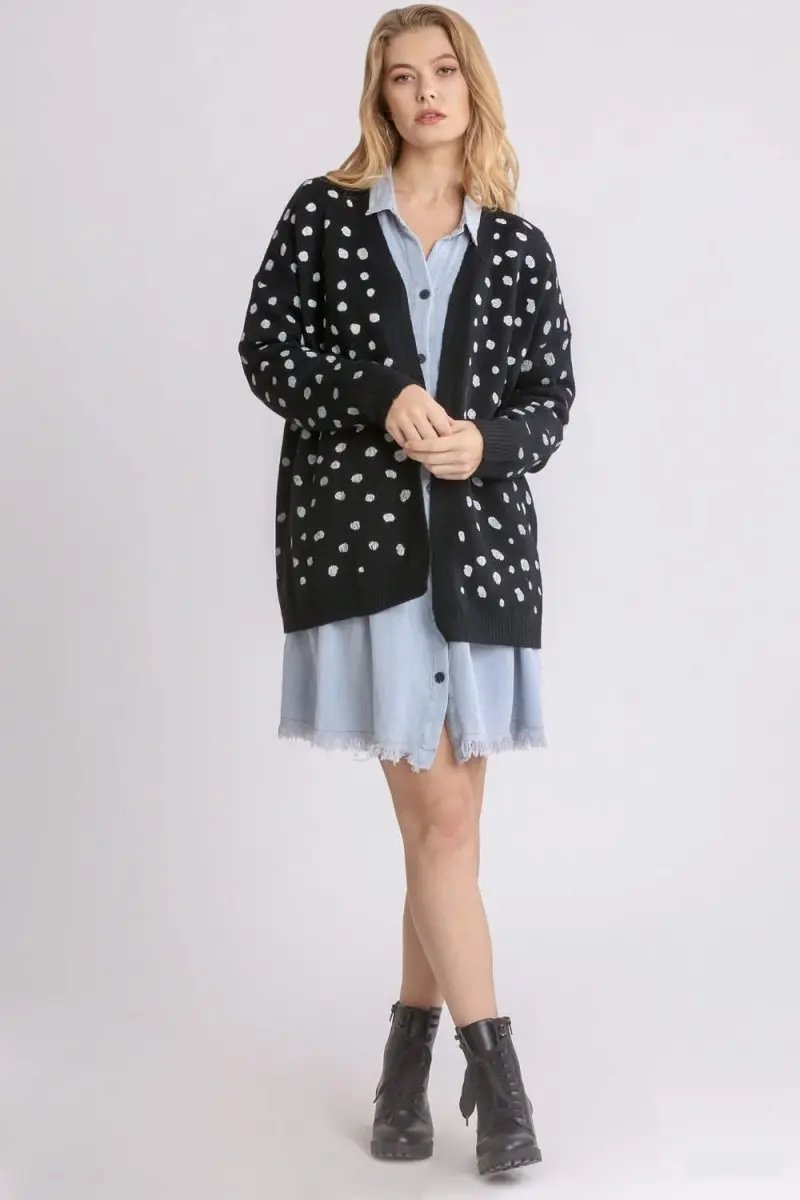 Umgee Polka Dot Open Front Drop Shoulder Cardigan - Love Salve
