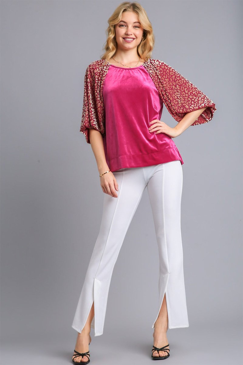 Umgee Round Neck Leopard Balloon Sleeve Velvet Top for Women - Love Salve