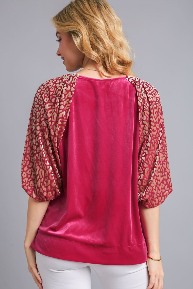 Umgee Round Neck Leopard Balloon Sleeve Velvet Top for Women - Love Salve