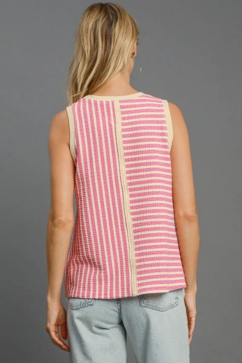 Umgee Round Neck Texture Striped Tank for Casual Style - Love Salve