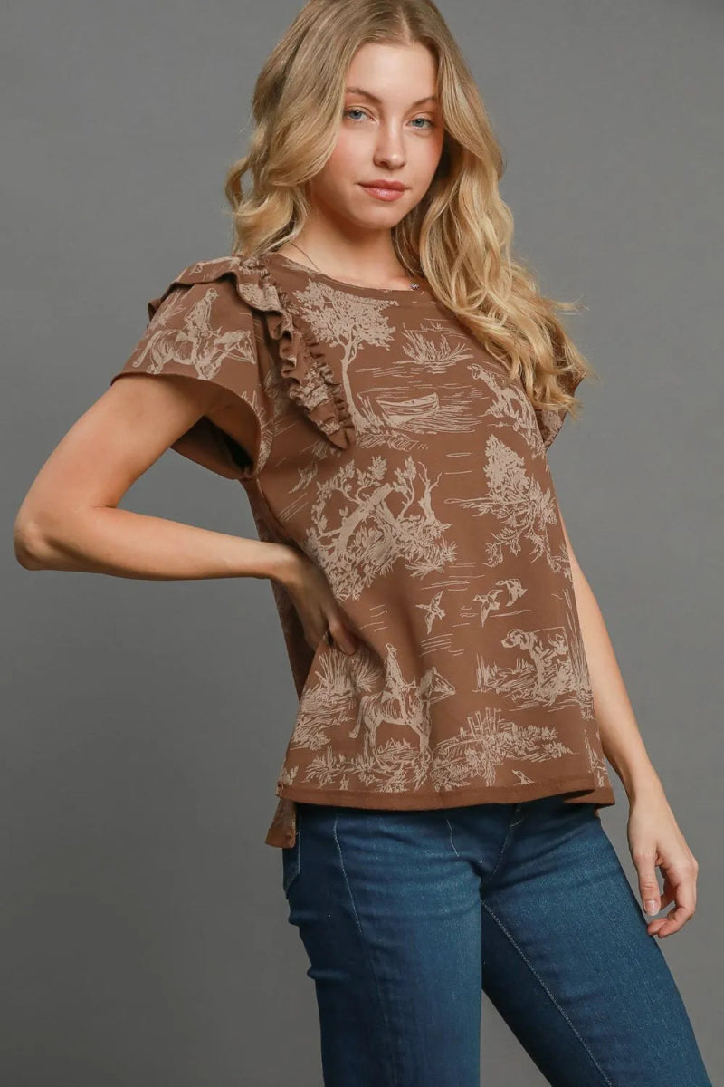 Umgee Ruffled Landscape Print Short Sleeve French Terry Top - Love Salve