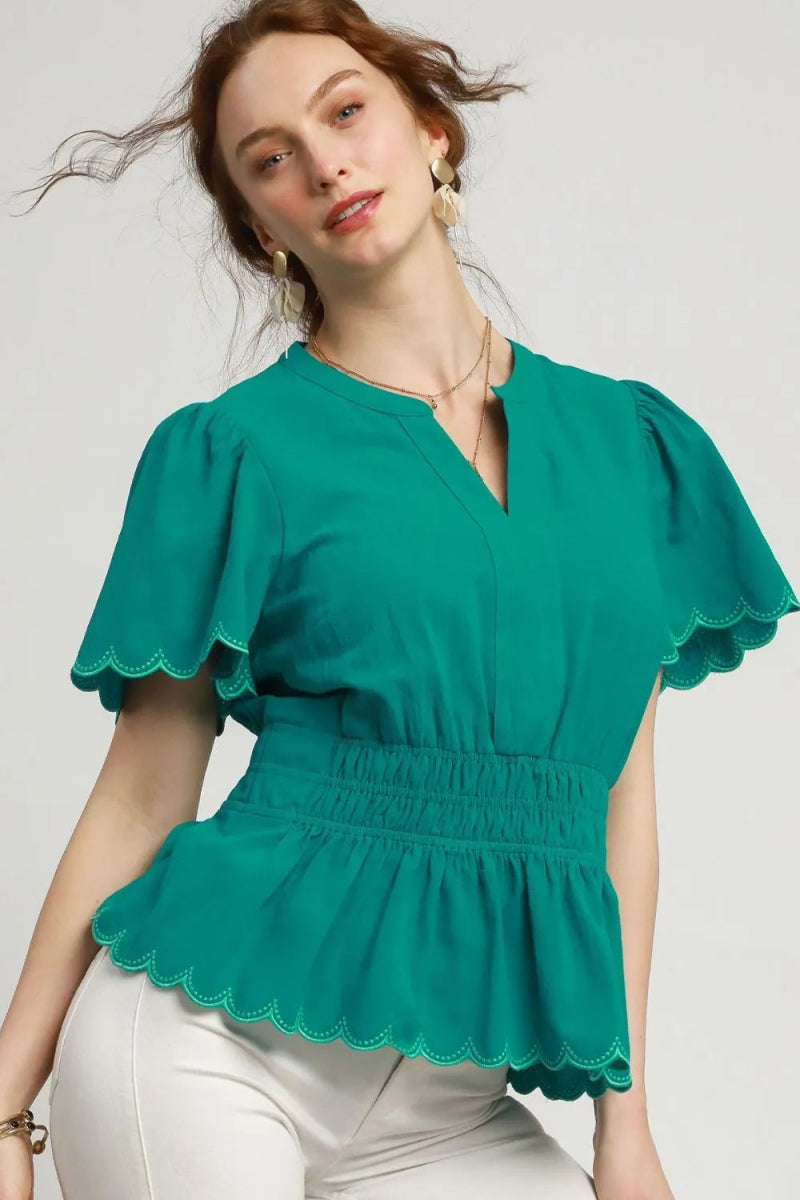 Umgee Scalloped Edge Flutter Sleeve Blouse - Love Salve