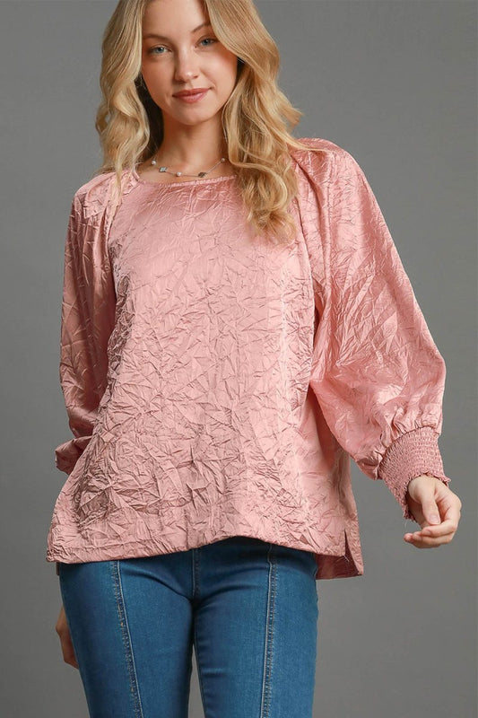 Umgee Wrinkled Round Neck Lantern Sleeve Blouse for Women - Love Salve
