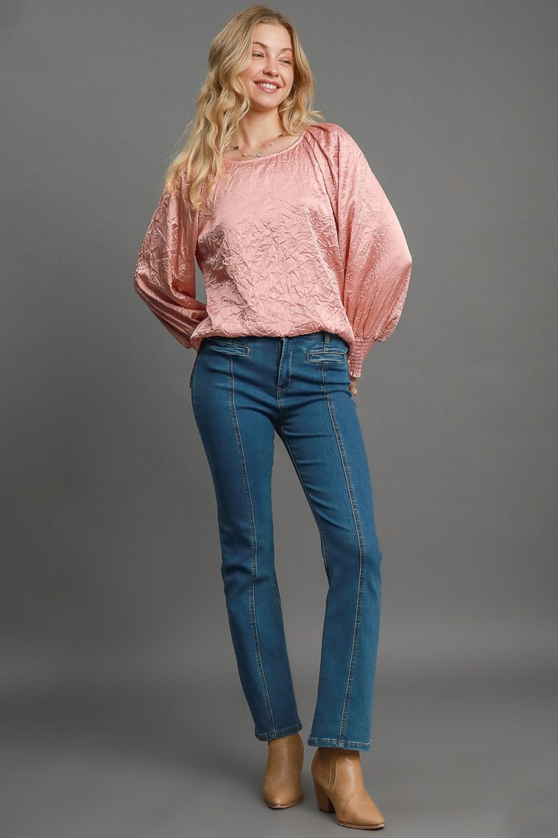 Umgee Wrinkled Round Neck Lantern Sleeve Blouse for Women - Love Salve