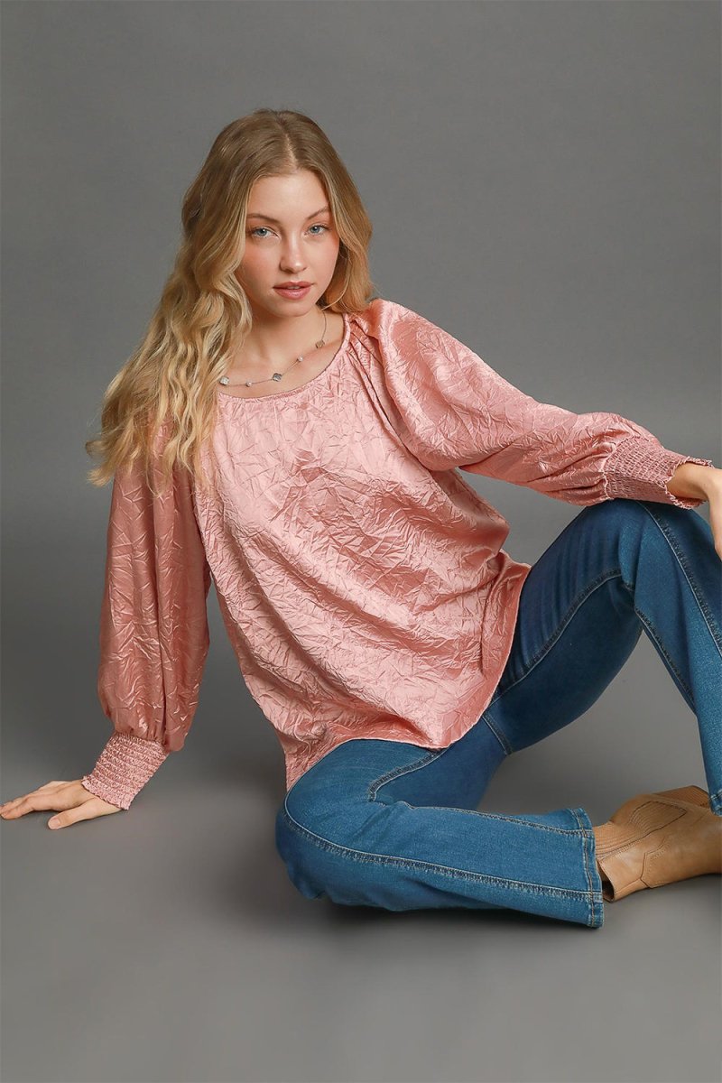 Umgee Wrinkled Round Neck Lantern Sleeve Blouse for Women - Love Salve