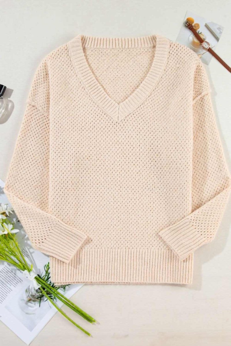 V-Neck Dropped Shoulder Long Sleeve Sweater - Love Salve