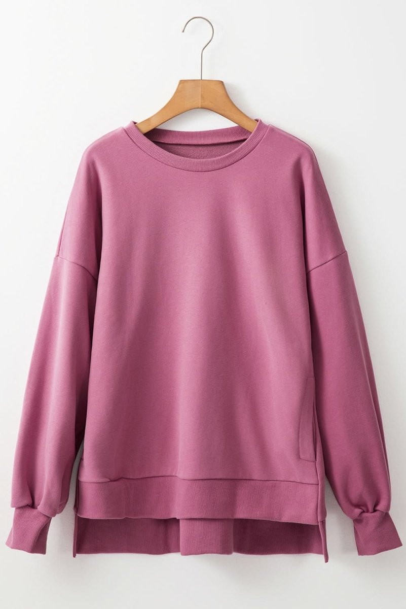 Valerian Solid Fleece Lined Drop Shoulder High Low Sweatshirt - Love Salve