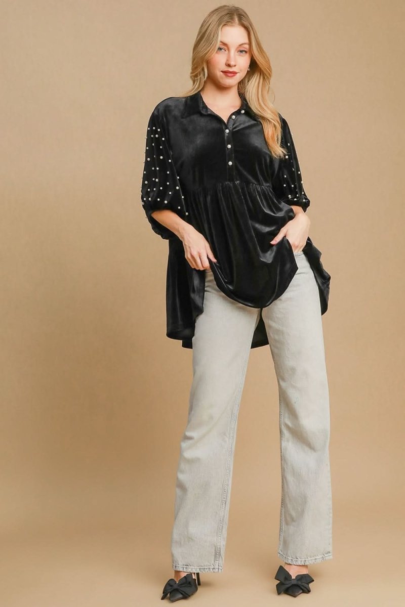 Velvet Babydoll Blouse with Pearl Accents and Half Sleeves - Love Salve
