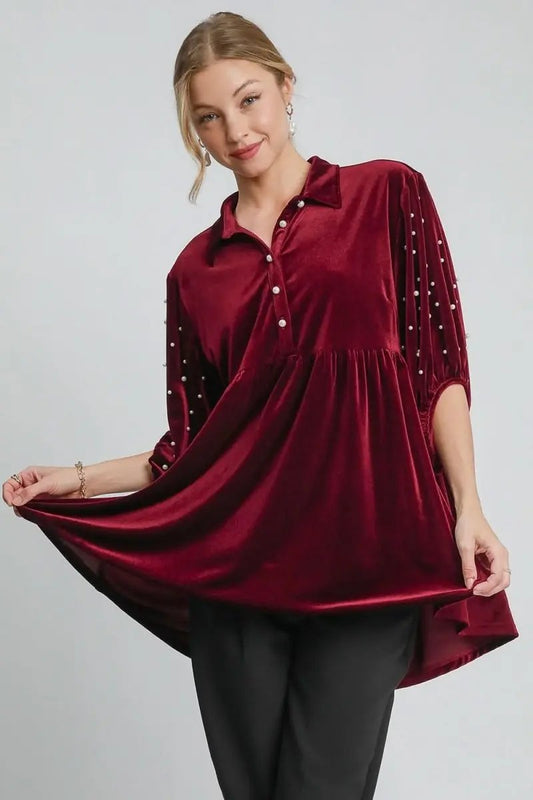 Velvet Babydoll Blouse with Pearl Detail and Collared Neck - Love Salve
