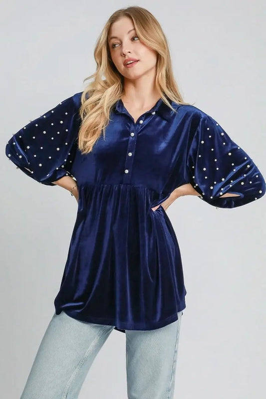 Velvet Babydoll Blouse with Pearl-Embellished Collar - Love Salve