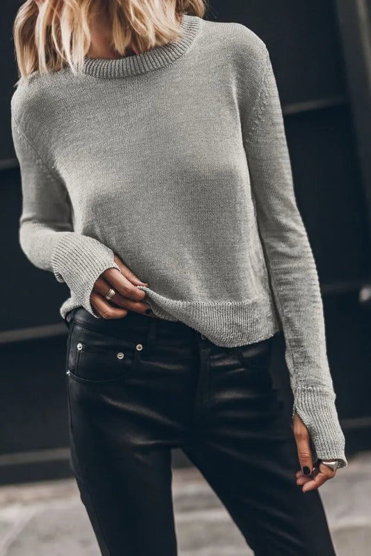 Versatile Gray Ribbed Edge Sweater with Thumbhole Sleeves - Love Salve