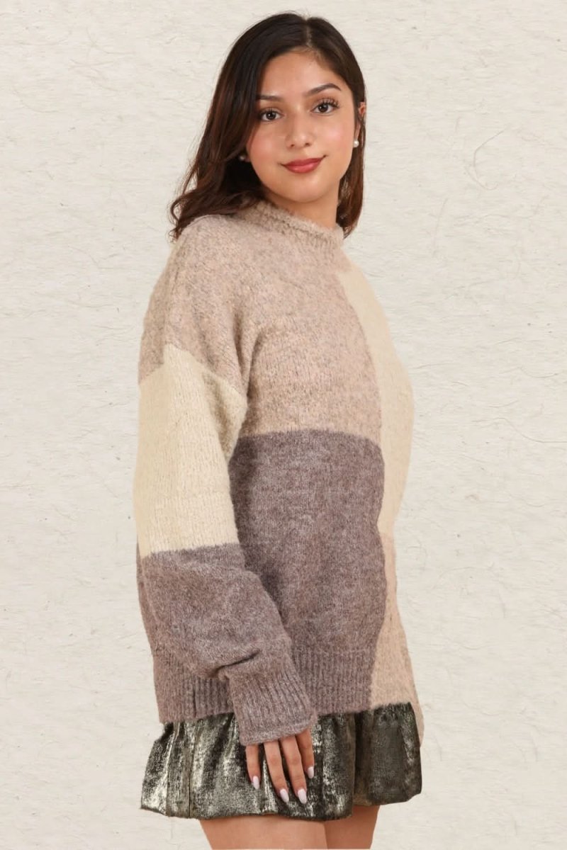 VERY J Color Block Mock Neck Drop Shoulder Sweater - Love Salve