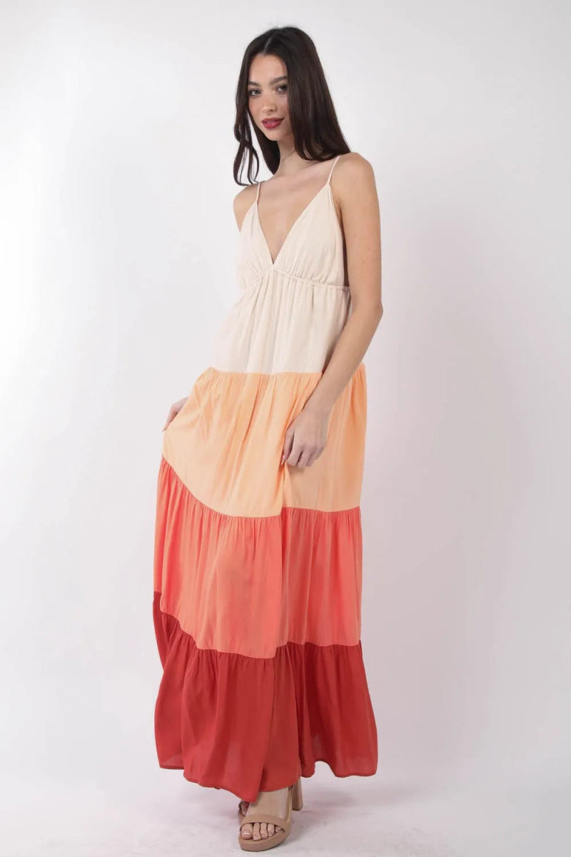 Very J Color Block Tiered Maxi Cami Dress for Women - Love Salve