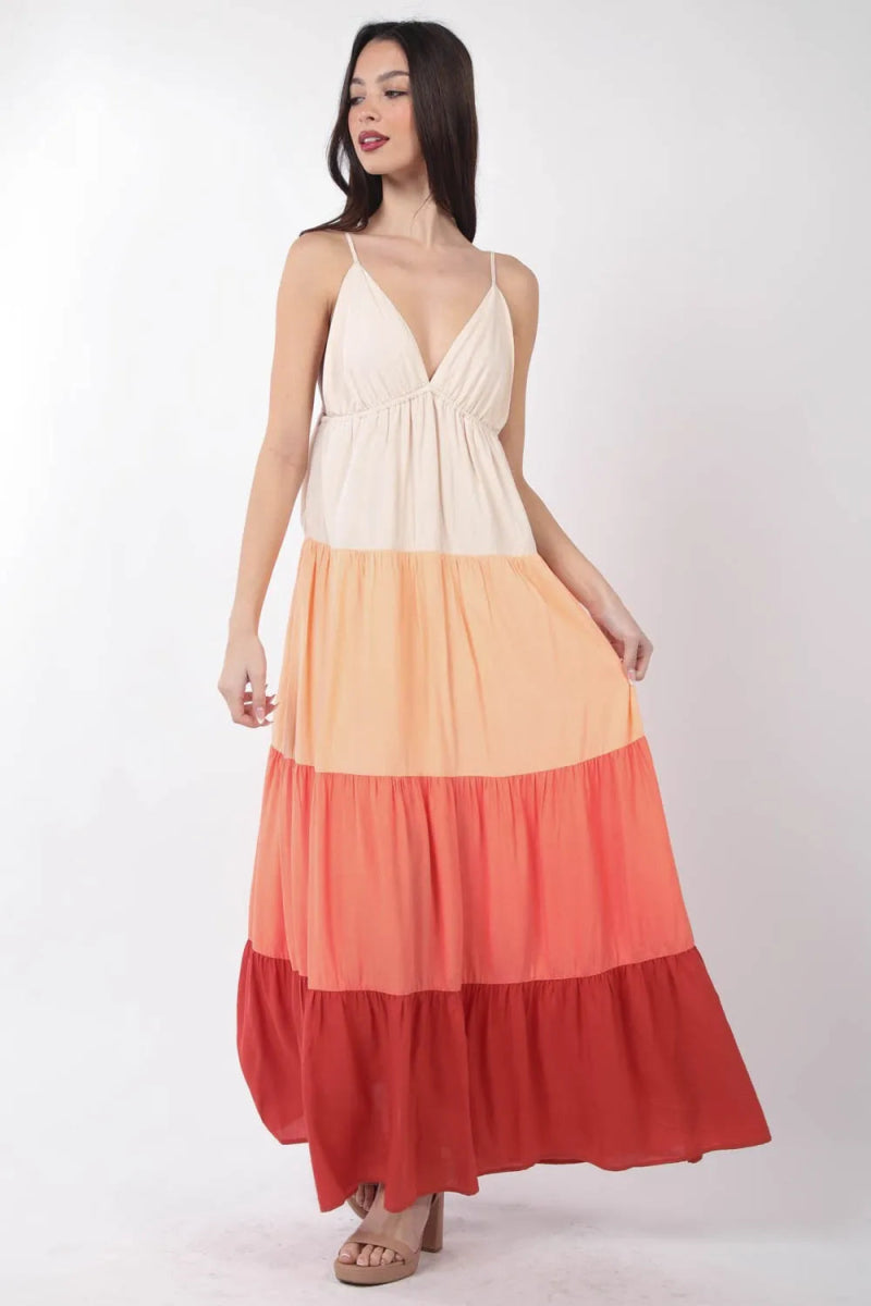 Very J Color Block Tiered Maxi Cami Dress for Women - Love Salve