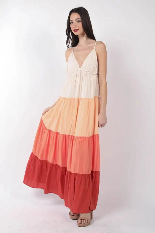 Very J Color Block Tiered Maxi Cami Dress for Women - Love Salve