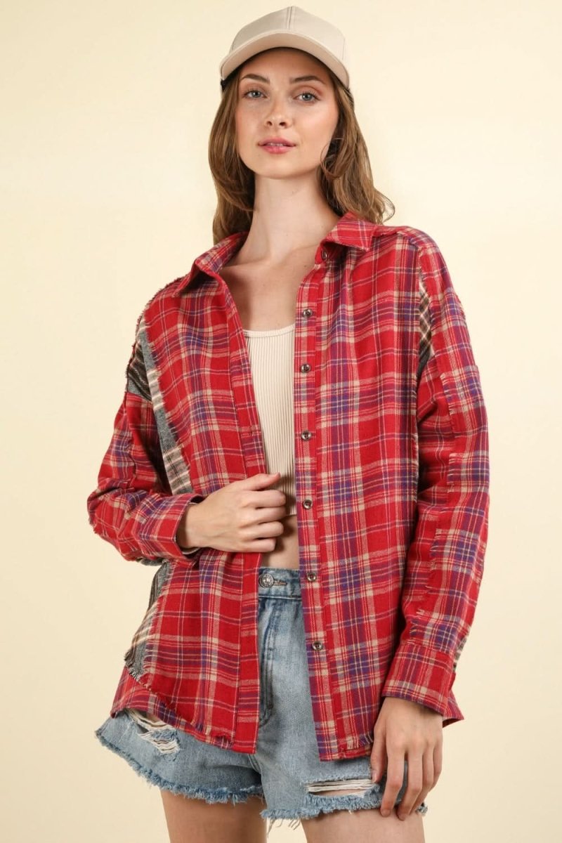 VERY J Contrast Plaid Raw Detail Shirt - Love Salve