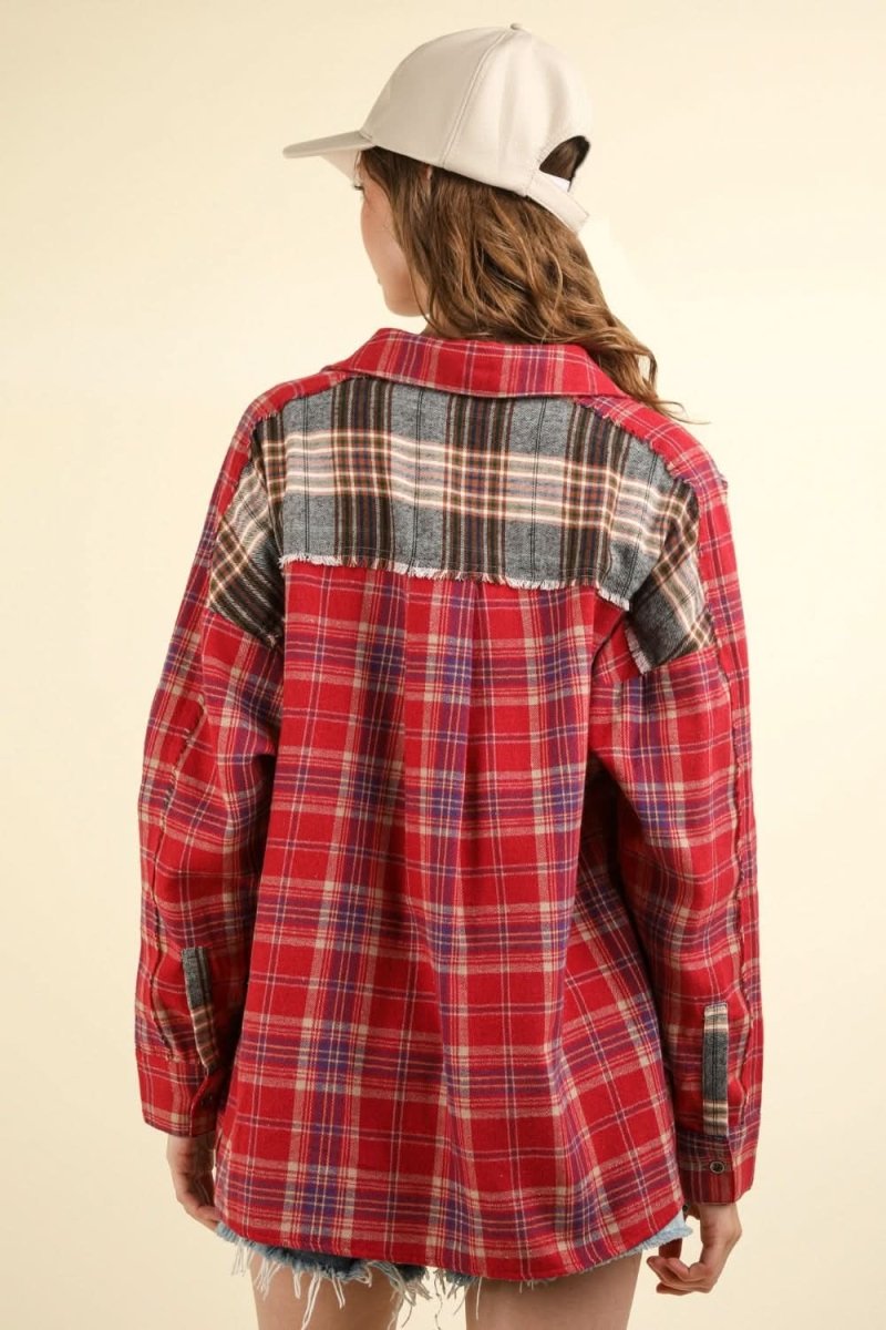 VERY J Contrast Plaid Raw Detail Shirt - Love Salve