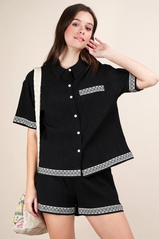 VERY J Crinkled Woven Shirt Top & Shorts Set - Love Salve