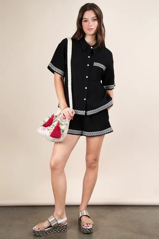 VERY J Crinkled Woven Shirt Top & Shorts Set - Love Salve