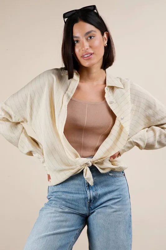 VERY J Oversized Striped Button Down Shirt Top for Women - Love Salve
