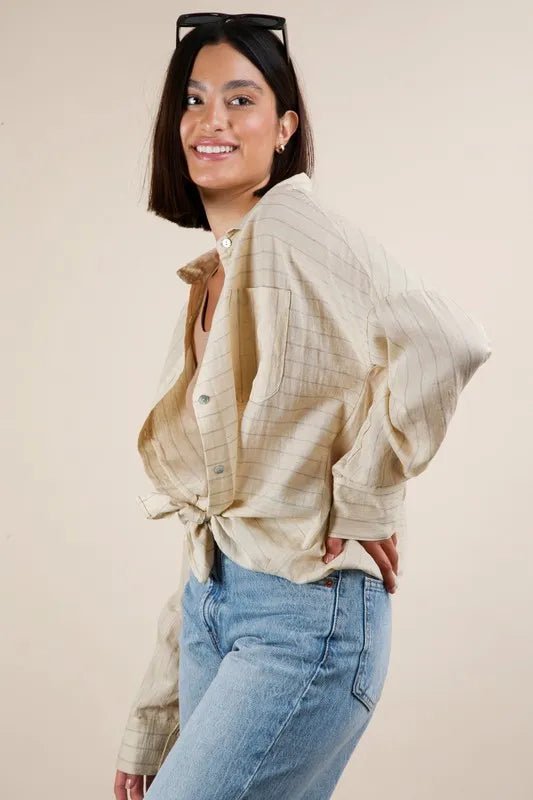 VERY J Oversized Striped Button Down Shirt Top for Women - Love Salve