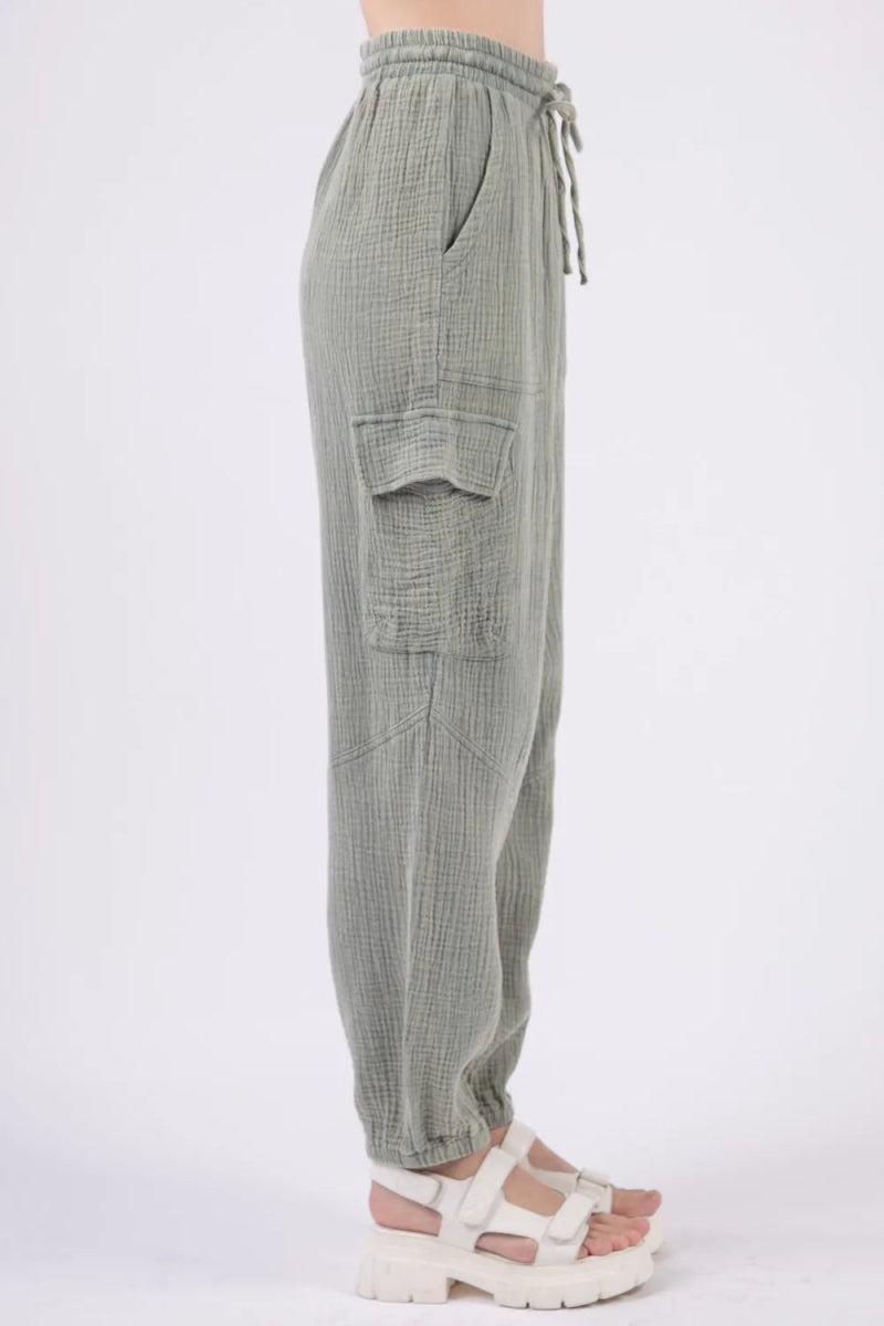 Very J Washed Woven Crinkle Gauze Drawstring Pants for Comfort - Love Salve
