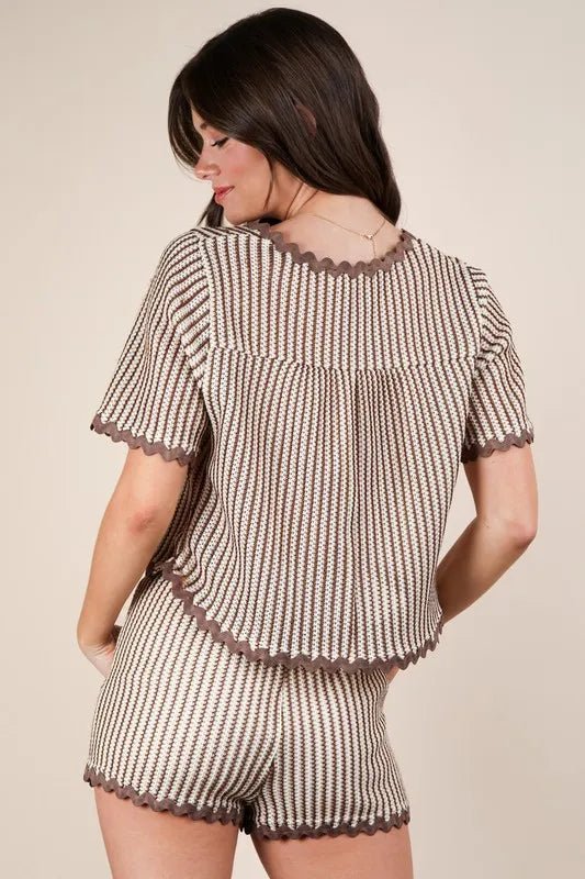 VERY J Wave Trim Detail Knit Top & Shorts Set - Love Salve
