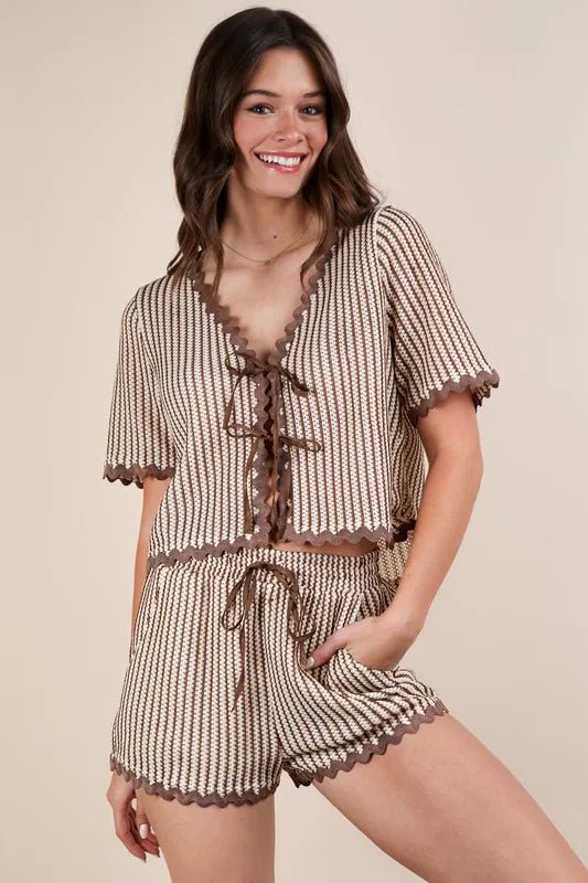 VERY J Wave Trim Detail Knit Top & Shorts Set - Love Salve