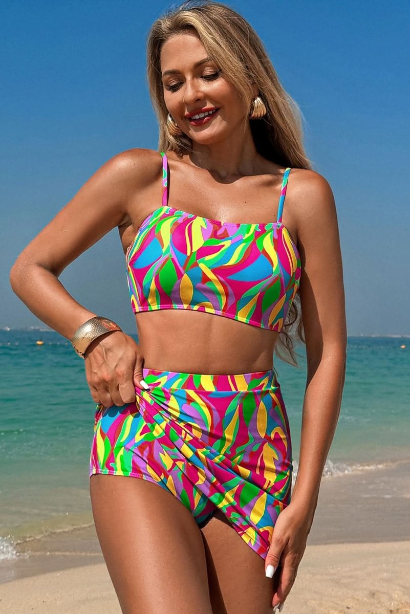 Vibrant Bohemian Abstract Textured High-Waisted Spaghetti Strap Bikini Set - Love Salve