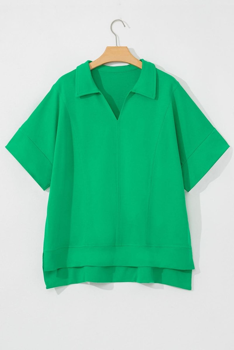 Vibrant Green Plus Size Short Sleeve Blouse with Turn-Down Collar - Love Salve