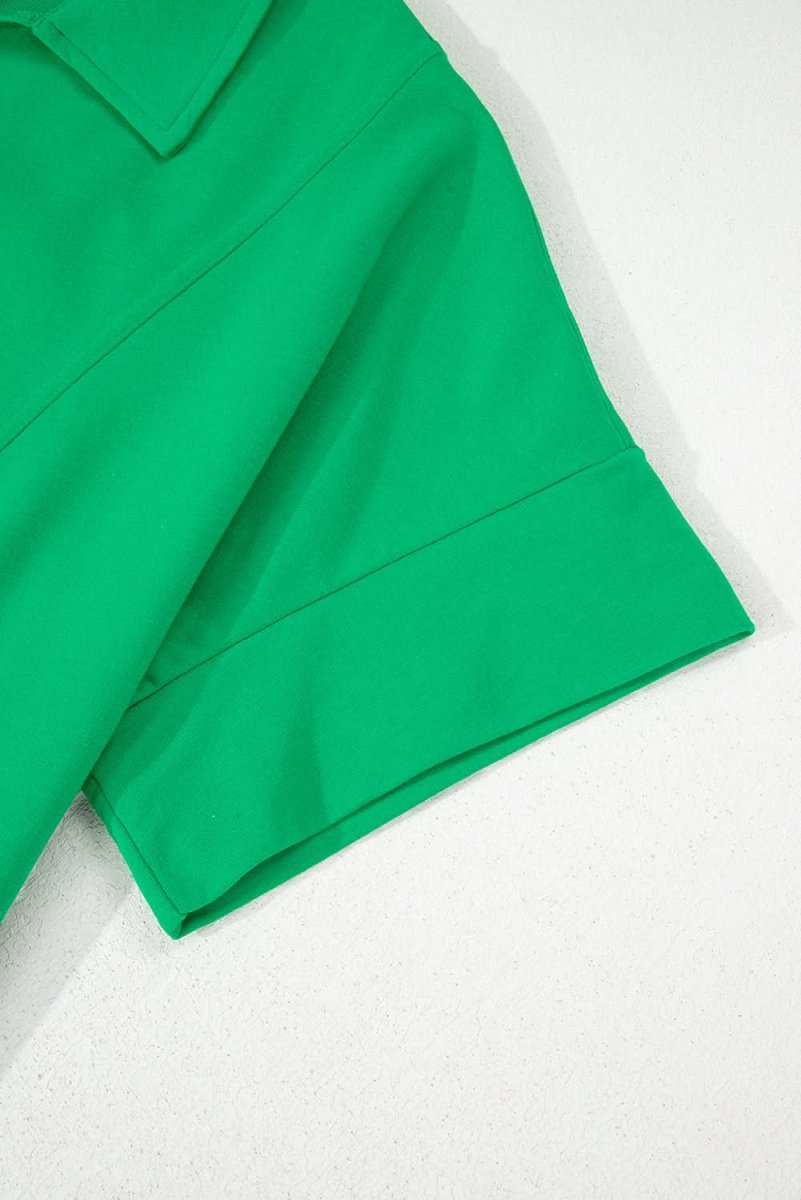 Vibrant Green Plus Size Short Sleeve Blouse with Turn-Down Collar - Love Salve