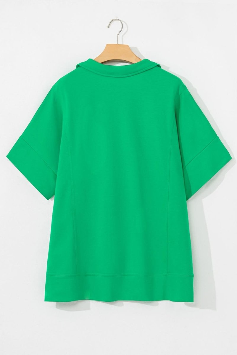 Vibrant Green Plus Size Short Sleeve Blouse with Turn-Down Collar - Love Salve