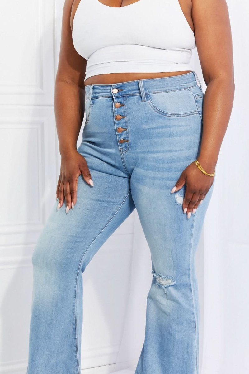 Vibrant MIU Full Size Jess Button Flare Jeans - Love Salve