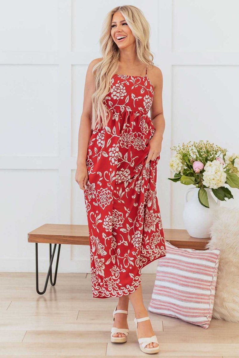 Vibrant Red Floral Spaghetti Strap Maxi Dress with Empire Waist - Love Salve