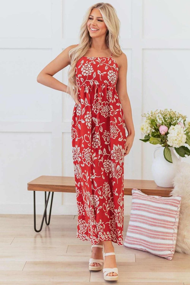 Vibrant Red Floral Spaghetti Strap Maxi Dress with Empire Waist - Love Salve