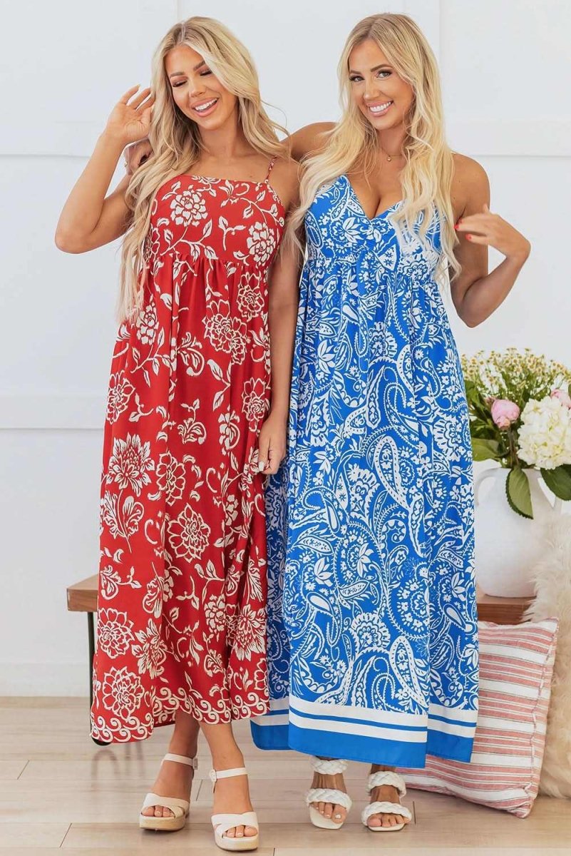 Vibrant Red Floral Spaghetti Strap Maxi Dress with Empire Waist - Love Salve
