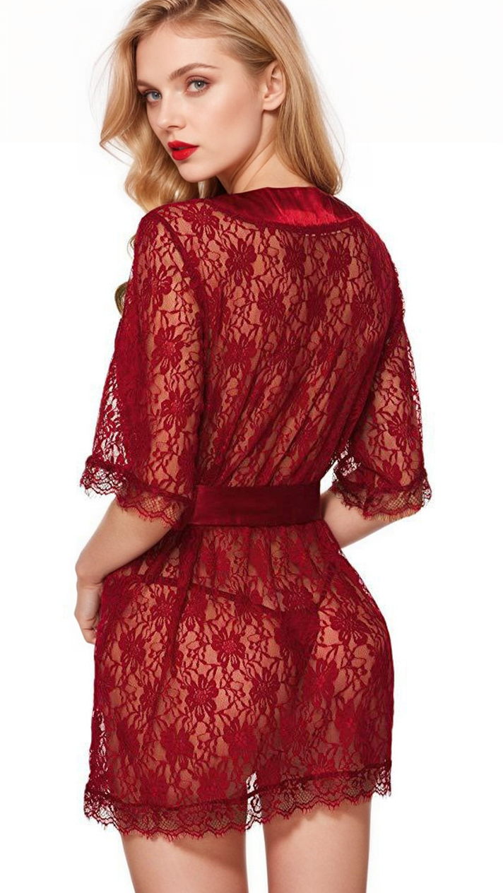 3wishes.com Apparel & Accessories > Lingerie - Lace Short Sleeve Lingerie Robe - Premium Quality