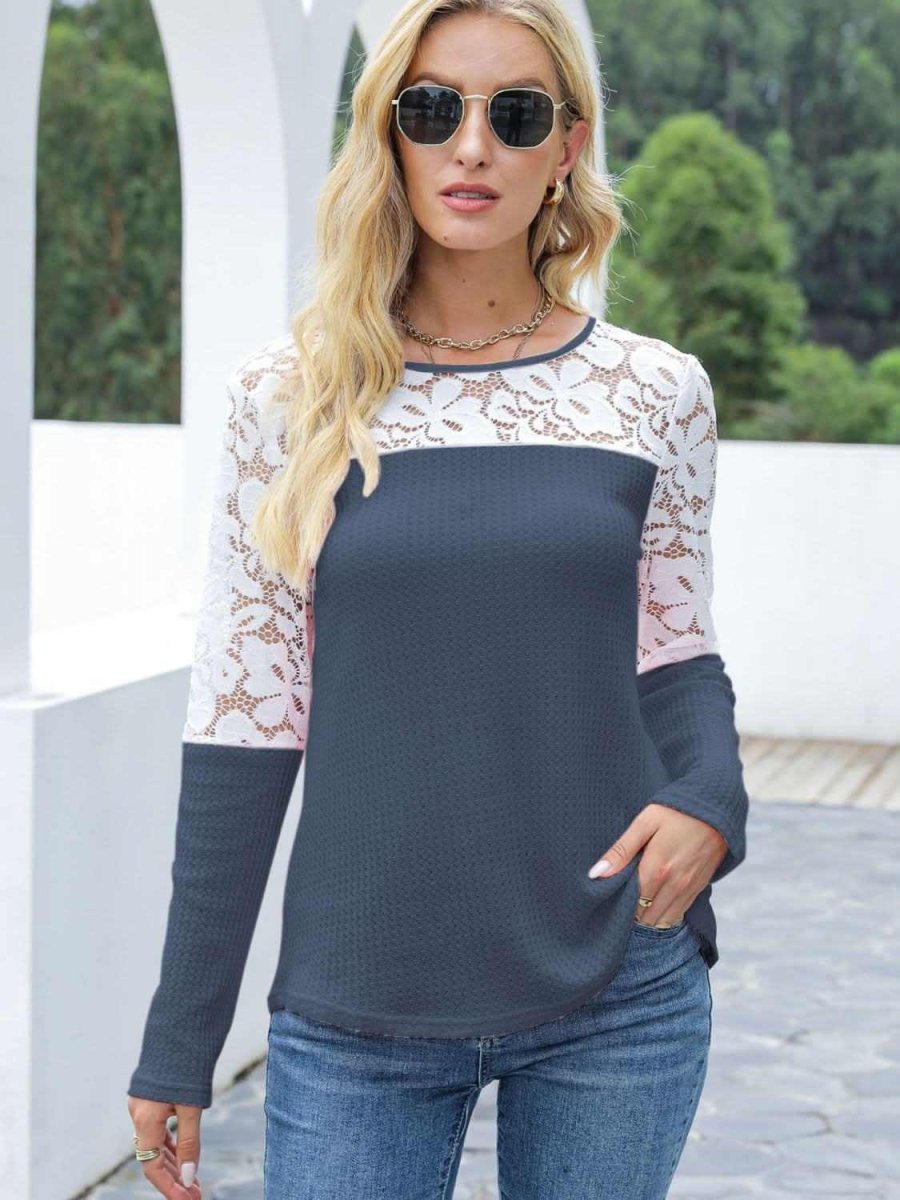 Waffle-Knit Lace Round Neck Long Sleeve T-Shirt - Love Salve
