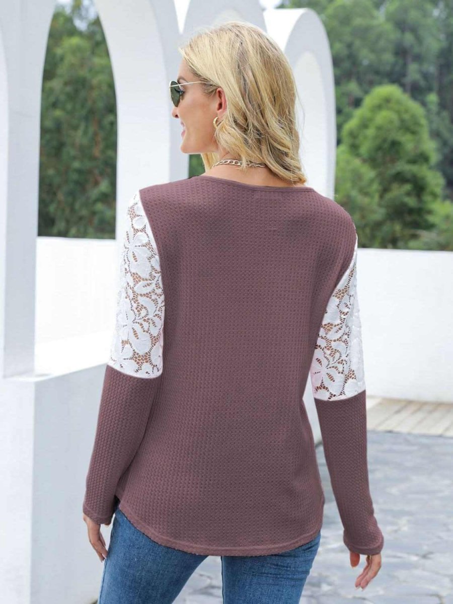 Waffle-Knit Lace Round Neck Long Sleeve T-Shirt - Love Salve