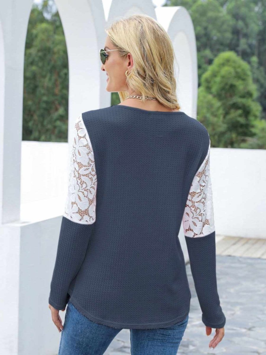 Waffle-Knit Lace Round Neck Long Sleeve T-Shirt - Love Salve