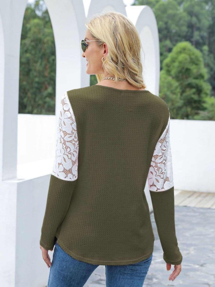 Waffle-Knit Lace Round Neck Long Sleeve T-Shirt - Love Salve